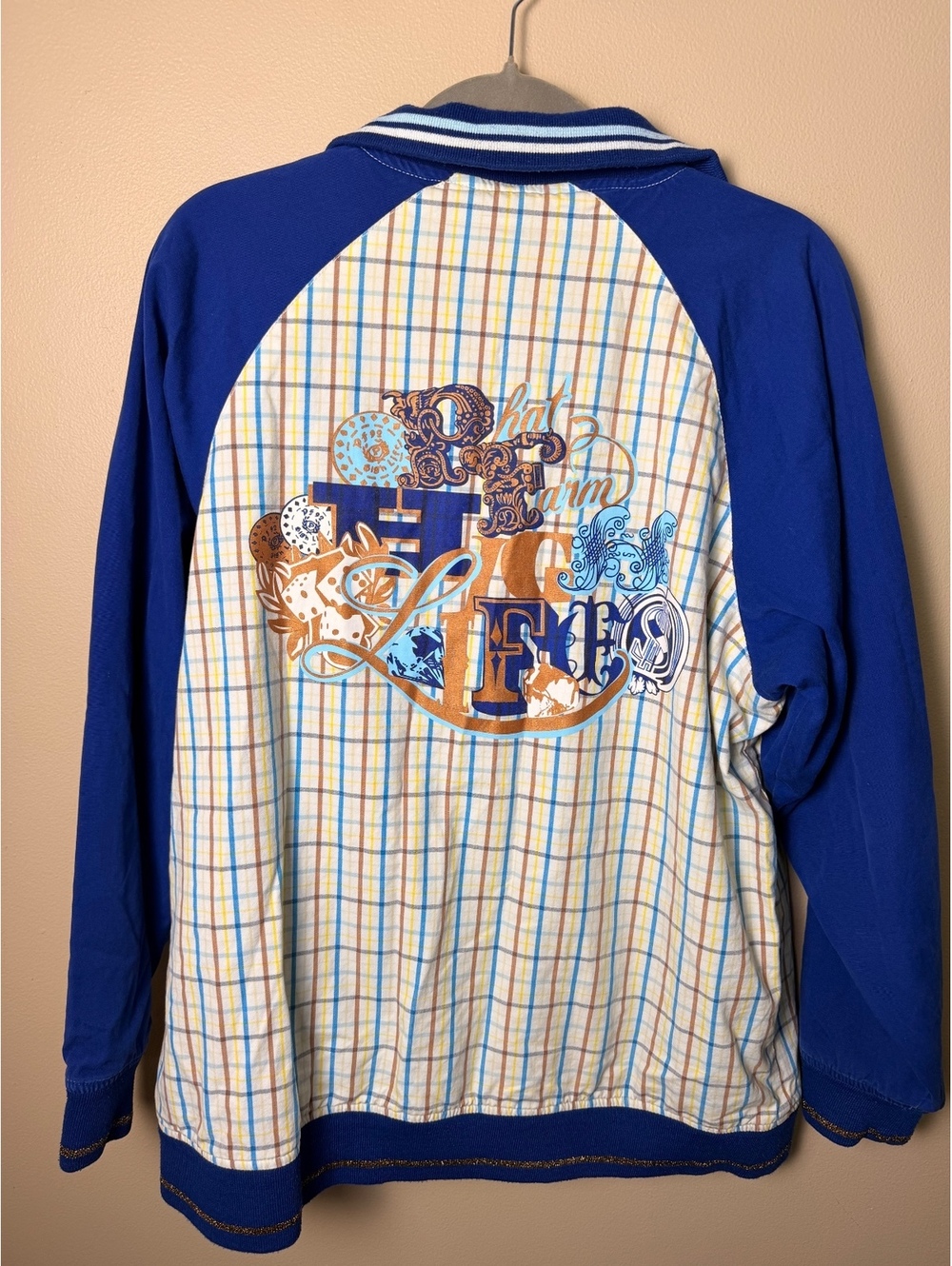 Vtge 90s Phat Farm PF92 Track Jacket Blue Plaid Graphic Logo Y2K Streetwear XL